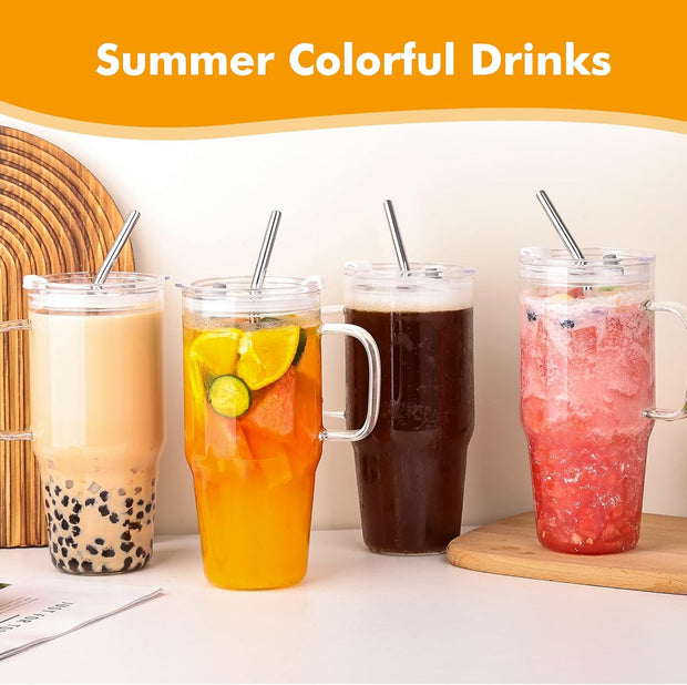 Large Glass Tumbler with Lid and Straw, 4 Pack Glass Cup with Handle, 33oz Iced Coffee Cups, Thick Drinking Glasses Set, Clear Travel Mug for Hot and Cold Beverage, Drinks, Tea, Smoothie