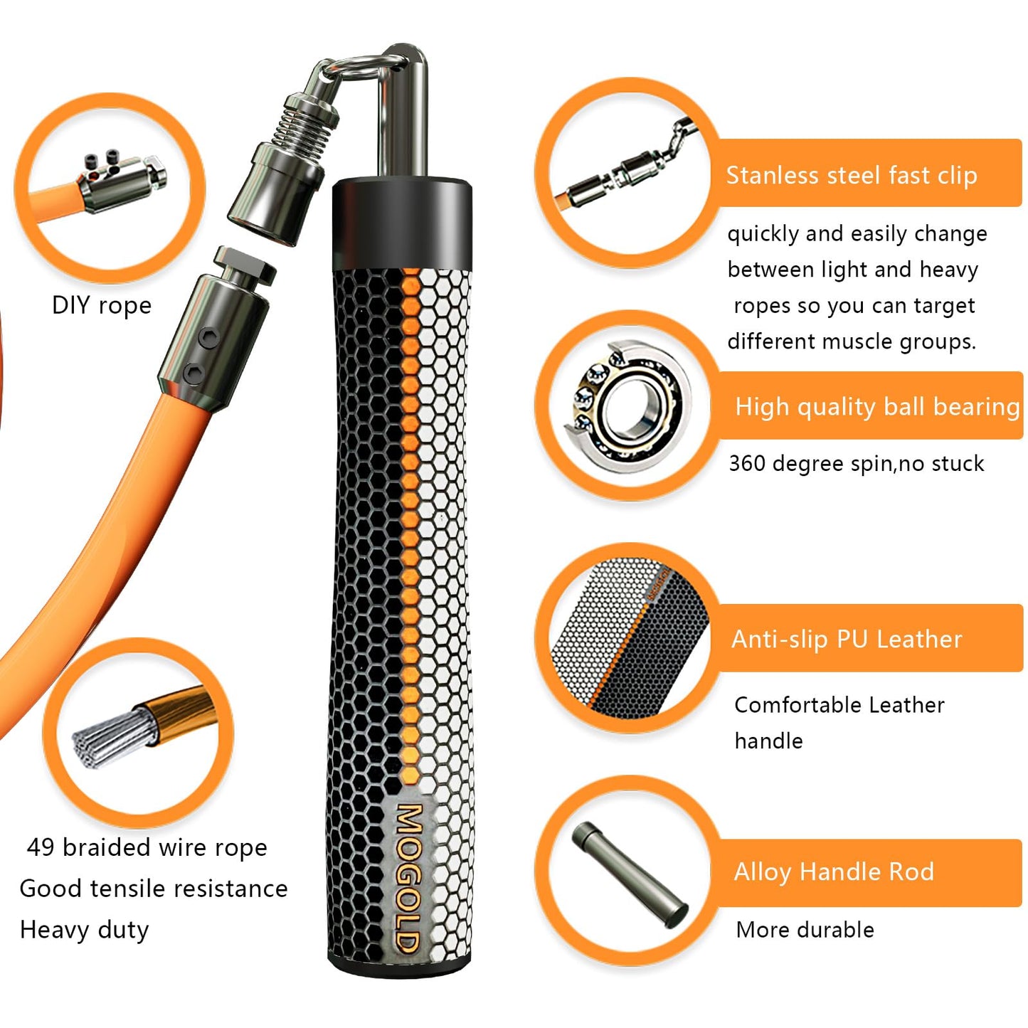 Mogold Weighted Jump Ropes for man&women fast clip interchangeable 1/4LB 1/2LB 1LB heavy jump ropes , Ball Bearing Design – Weighted, Length Adjustable,Ergonomics Grip for fitness weight loss & More