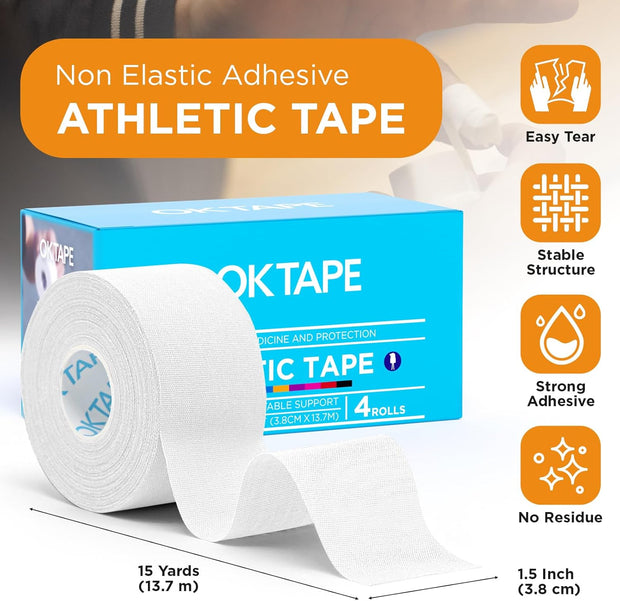 OK TAPE 4 Rolls Athletic Tape, Sports Tape for Injuries, Rigid, Easy Tear Medical Tape, Wrist Tape, No Sticky Residue | Secure Ankle, Finger, Knee- 1.5inch x 15yards (Purple)