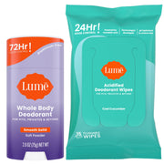 Lume Whole Body Deodorant - Smooth Solid Stick & Flushable Deodorant Wipes - Doctor Developed - Aluminum Free, Baking Soda Free, Skin Loving - 2.6 Ounce (Unscented) 15 Count Wipes (Cool Cucumber)