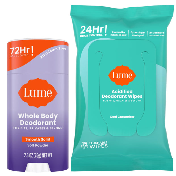Lume Whole Body Deodorant - Smooth Solid Stick & Flushable Deodorant Wipes - Doctor Developed - Aluminum Free, Baking Soda Free, Skin Loving - 2.6 Ounce (Unscented) 15 Count Wipes (Cool Cucumber)