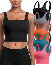 Womens Sports Bras 5 Packs - Square Neck Longline Workout Crop Tank Tops Padded Yoga Camisole with Built in Pads