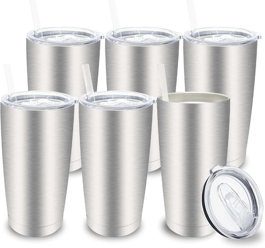 20 oz Tumblers Bulk, Stainless Steel Tumbler with Lid and Straw, Vacuum Double Wall Insulated Travel Coffee Mug with Sliding Lid, Powder Coated Cup for Hot and Cold Drinks (Stainless,6 pack)