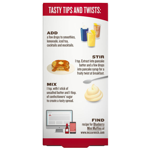 McCormick Blueberry Extract with Other Natural Flavors, Distinctive, Sweet Blueberry Flavor and Aroma for Baking Cookies, Cake, and Muffins, and Beverages Like Lemonade, Mocktails, and Smoothies, 1 fl oz