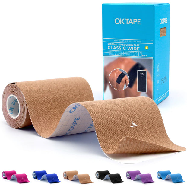 OK TAPE Extra Wide Kinesiology Tape, Precut K Tape Strips, Elastic Physical Therapy Athletic Tape for Pain Relief & Joint Support | Back, Shoulder, Knee (4" x 10" - 10Pcs) Beige