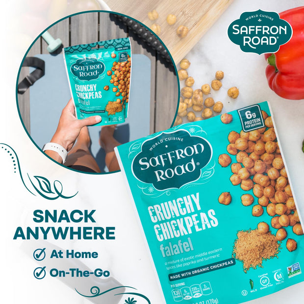 Saffron Road Roasted and Crunchy Sea Salt and Cracked Pepper Chickpeas | High Protein Snacks | Gluten-free, Vegan, Non-GMO, and Certified Halal and Kosher | 5.4oz Pouch | Pack of 6
