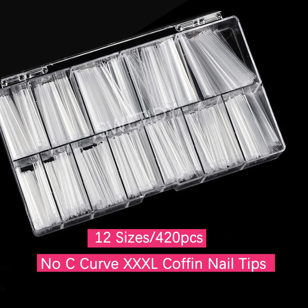No C Curve 3XL Long Coffin Nail Tips, 420pcs Clear Acrylic Coffin Shape SWETIDY Flattened Half Cover False Nails for Salon&Home DIY French ABS Nail Art Tips,12 Sizes