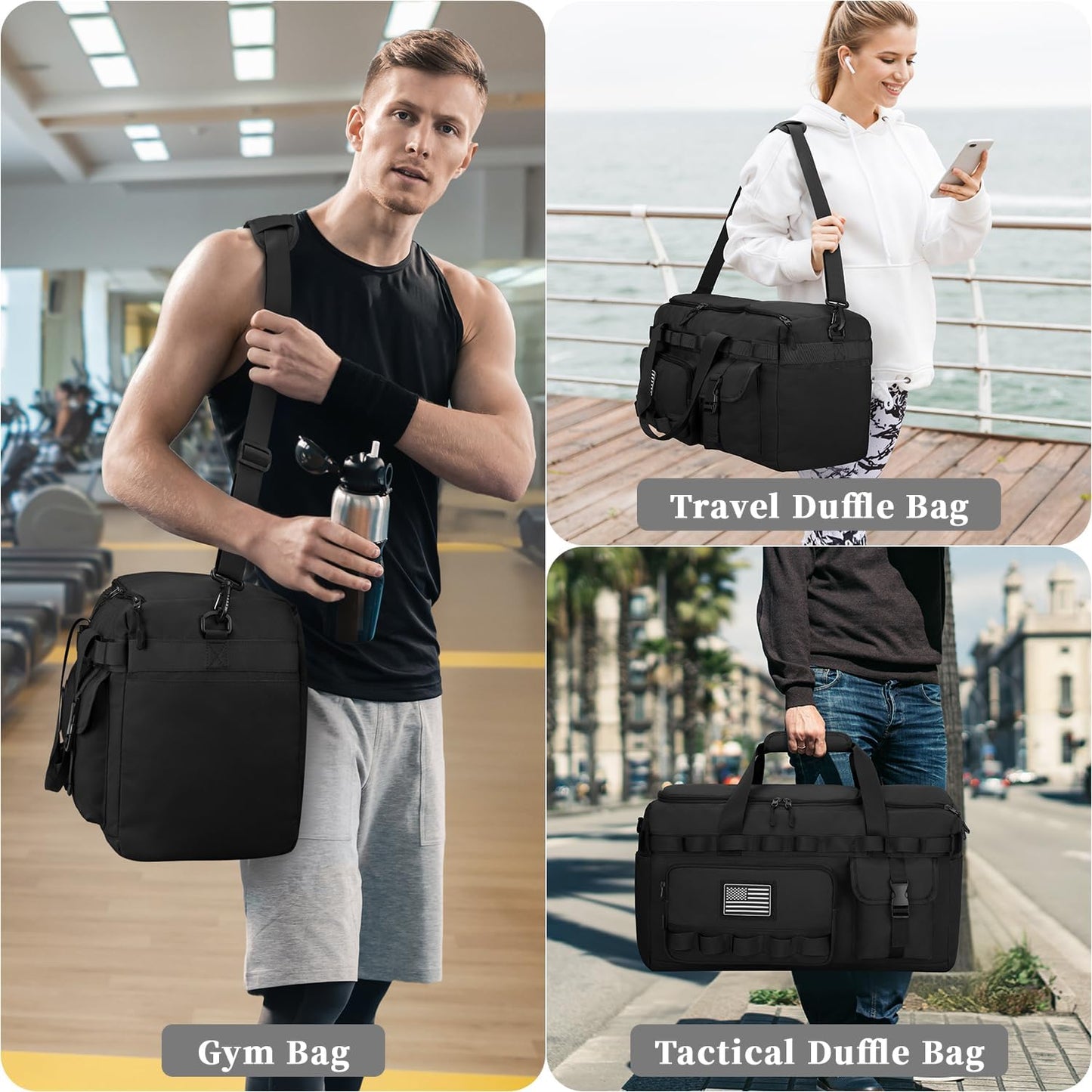 ZOMFELT Gym Bags for Men Women, Tactical Travel Duffle Bag with Removable Dividers & Shoe Compartment, Carry on Weekend Overnight Bag with Wet Pocket for Workout Sports Football Gym, Black