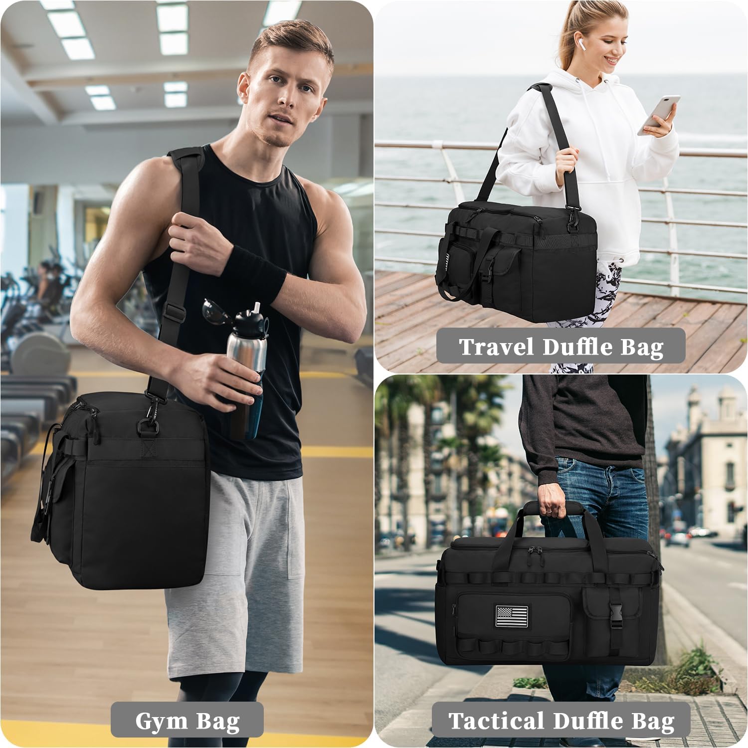 ZOMFELT Gym Bags for Men Women, Tactical Travel Duffle Bag with Removable Dividers & Shoe Compartment, Carry on Weekend Overnight Bag with Wet Pocket for Workout Sports Football Gym, Black