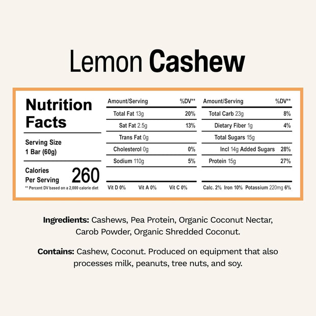 Rise Pea Protein Bar - Vegan Lemon Cashew | Breakfast Bar & Protein Snack 15g Protein Just 3 Whole Food Ingredients Non-GMO Gluten-Free Soy Free