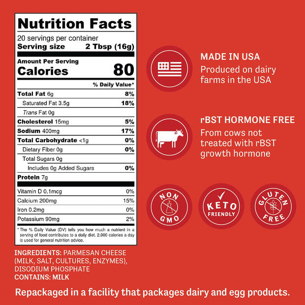 Judee’s 11.25oz Parmesan Cheese Powder - Non-GMO, Keto-Friendly, rBST; Hormone, Gluten & Nut Free – Real Parmesan, USA-Made for Dips, Soups & Seasonings