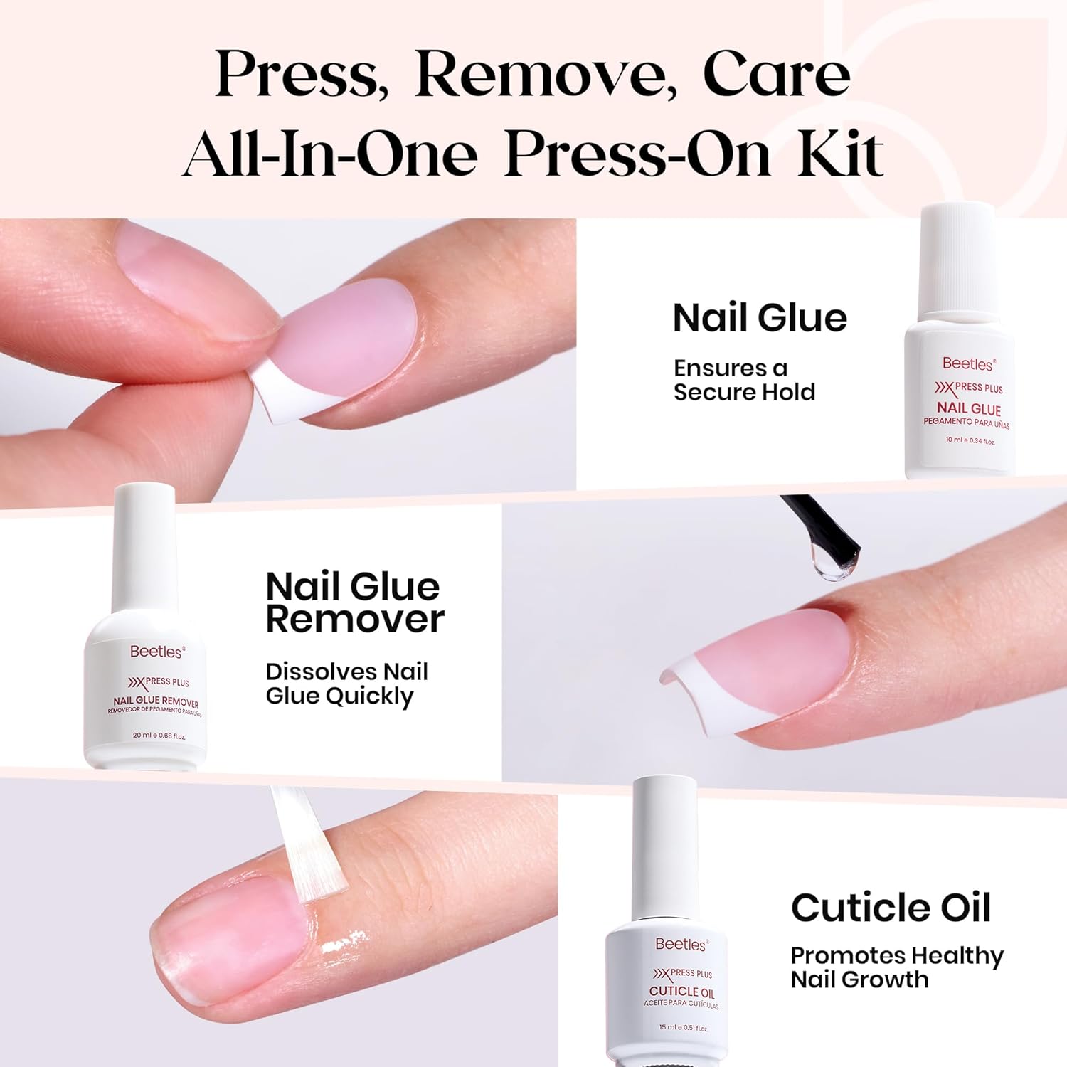 Beetles X Press Gel Nail Kit: Long Square French Tip Press On Nails Kit With 224Pcs Nail Tips Nail Glue & Builder Top Coat Mini UV Light, All-in-One DIY Designs Gift For Women At Home 16 Size