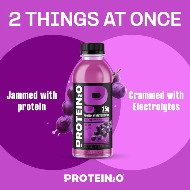 Protein2o Hydration Drink - 2-in-1 Liquid Clear Whey Protein Isolate and Electrolyte Drink - 15g Protein, Vitamins B5, B6 - Post-Workout Recovery - 16.9 Fl Oz - 12 Count Grape