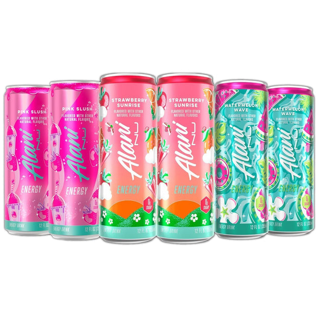 New Alani Energy Drinks Strawberry Sunrise, Watermelon Wave, Pink Slush Flavors Variety Pack Sugar-Free, Low-Calorie, 200mg Caffeine, Energy Boost Drink 12 fl oz (Pack of 6)