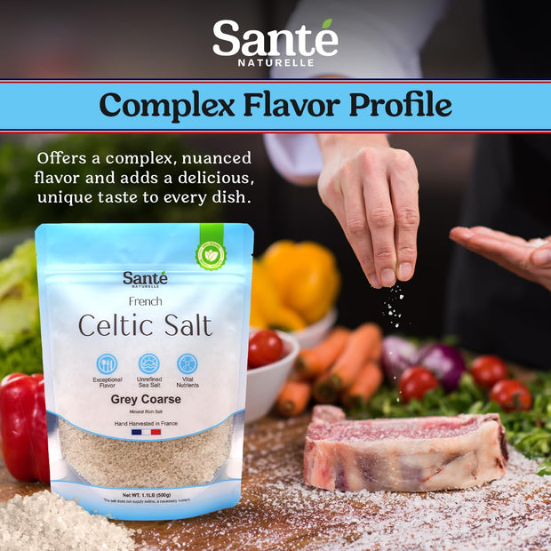Sante Grey Coarse Sea Salt From the Celtic Sea - 1.1lb (18oz) Unrefined French Sea Salt Organic, Rich in 82+ Minerals Salt, 100% Natural & Hand Harvested Sal Celtica