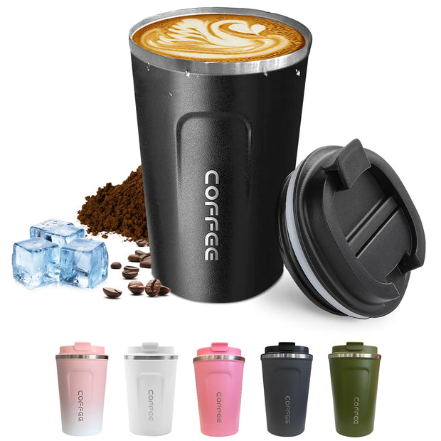 Travel coffee mugs leak-proof, reusable coffee cups with lids, stainless steel vacuum thermos coffee tumblers,thermal insulation cups for men and women keep hot & cold drinks(2nd-Black, 12OZ)
