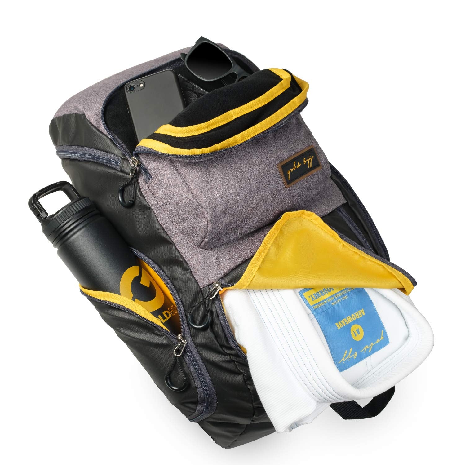 Gold BJJ Jiu Jitsu Backpack - Heavy Duty Gym Bag with Waterproof Gi Pocket