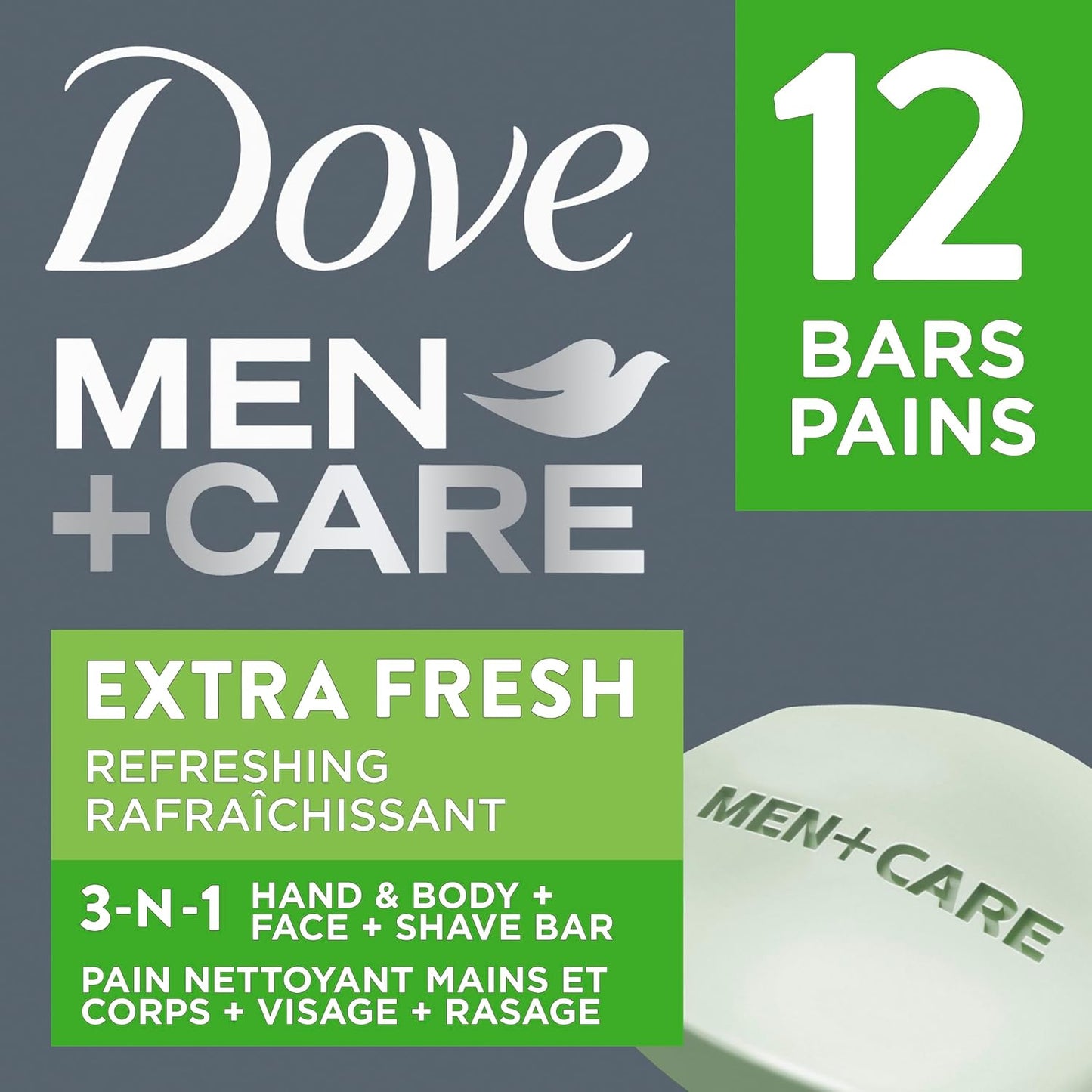 Dove Men+Care Hand & Body, Face & Shave Bar Soap for refreshed skin Extra Fresh soap bar with ¼ moisturizing cream 106 g Pack of 12