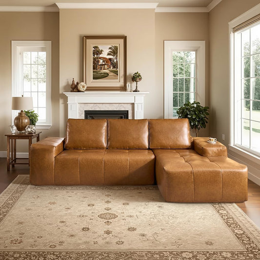 114" Boneless Couches for Living Room, Brown Faux Leather Cloud Sectional Couches with Chaise, Deep Seat L Shaped Modular Sofa, No Assembly Required Sofas in a Box (Right,Faux Leather,Brown)