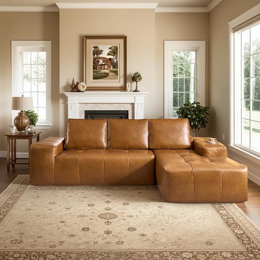 114" Boneless Couches for Living Room, Brown Faux Leather Cloud Sectional Couches with Chaise, Deep Seat L Shaped Modular Sofa, No Assembly Required Sofas in a Box (Right,Faux Leather,Brown)
