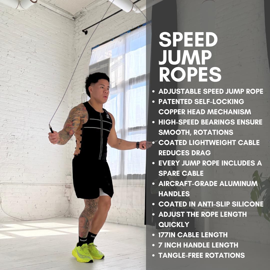 Hyperwear Adjustable Speed Jump Rope - Patented Self-Locking Head, Aluminum Hangles with Knurled Silicone Grips and Bonus Wire Rope for CrossFit, Boxing, and Fitness Training