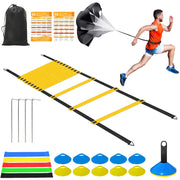 Speed Agility Training Equipment Set - 20ft Agility Ladder, 10 Disc Cones, Resistance Parachute, 5 Resistance Bands & Carry Bag | Football Soccer Basketball Fitness Drills for Kids Adults