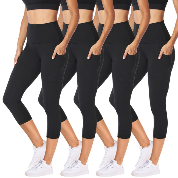 NexiEpoch 4 Pack Leggings for Women with Pockets- High Waisted Tummy Control for Workout Running Capri Yoga Pants