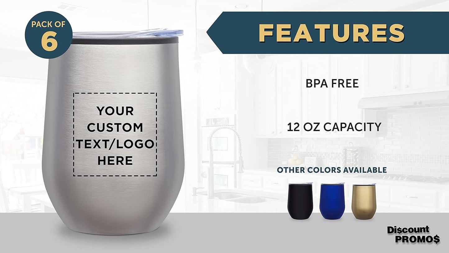 Custom Stemless Wine Tumblers 12 oz. Set of 6, Personalized Bulk Pack - Insulated, Perfect for Wine, Cocktails, Other Hot & Cold Beverages - Silver