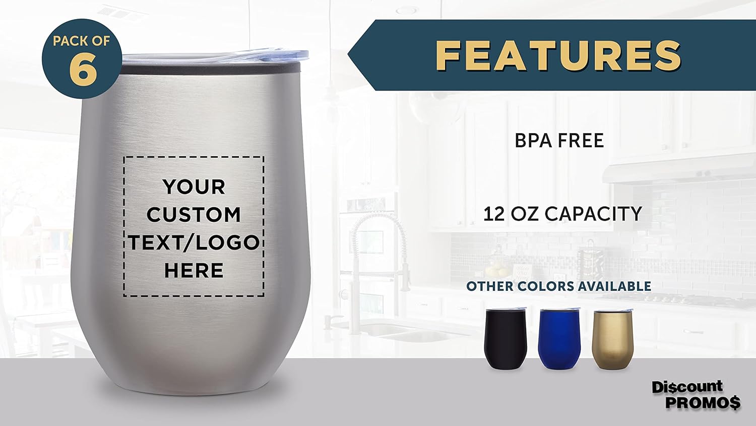 Custom Stemless Wine Tumblers 12 oz. Set of 6, Personalized Bulk Pack - Insulated, Perfect for Wine, Cocktails, Other Hot & Cold Beverages - Silver