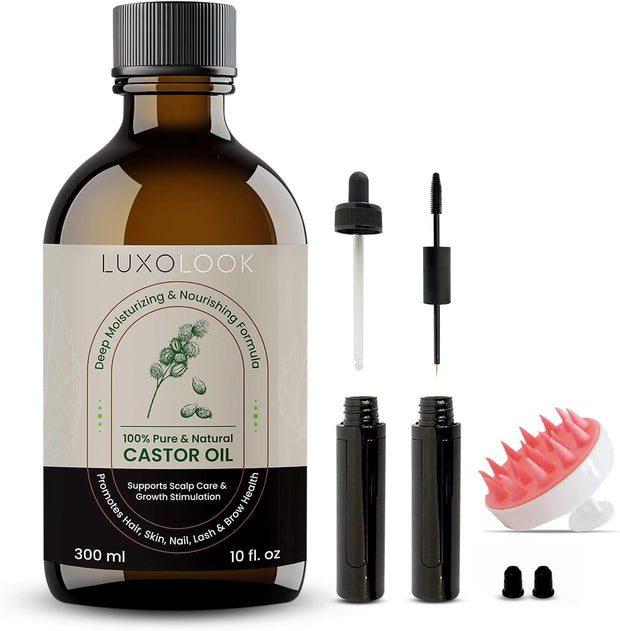 Pure Castor Oil - Cold Pressed 100% Castor Oil for Hair Growth, Skin, Eyebrows, Eye Lashes, Nails & Cuticles - Hexane Free, Natural & Unrefined - Includes Dual Mascara, Dropper & Scalp Massager