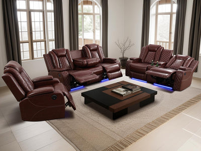Living Room Set Brown Breathing Leather Sofa Living Room Furniture Set Power Recliner Manual Sofa,Loveseat and Chair with Cup Holders/Storage Console/LED Light for Living Room