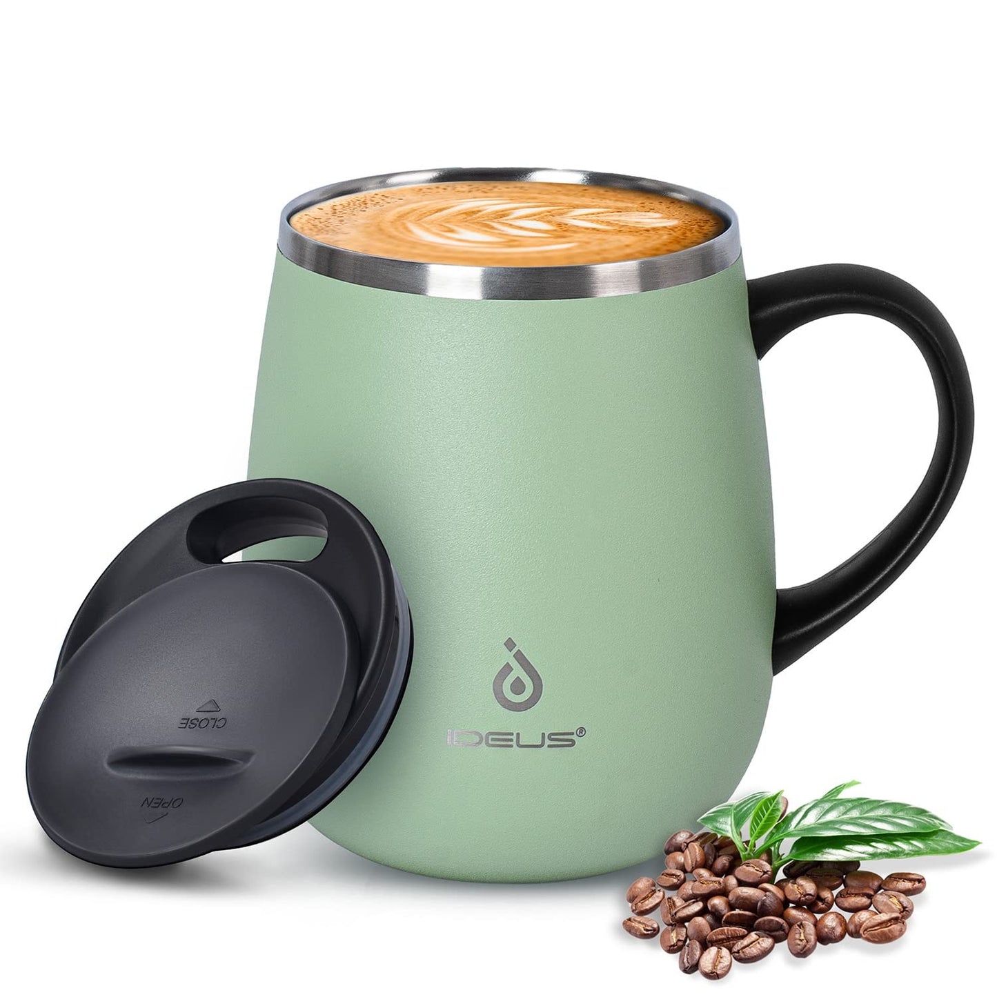 Ideus 16 oz Insulated Coffee Mug with Handle and Lid, Double Wall Stainless Steel Vacuum Thermal Coffee Mug, Travel Coffee Cup Thermal Cup for Home and Office, Storm Black