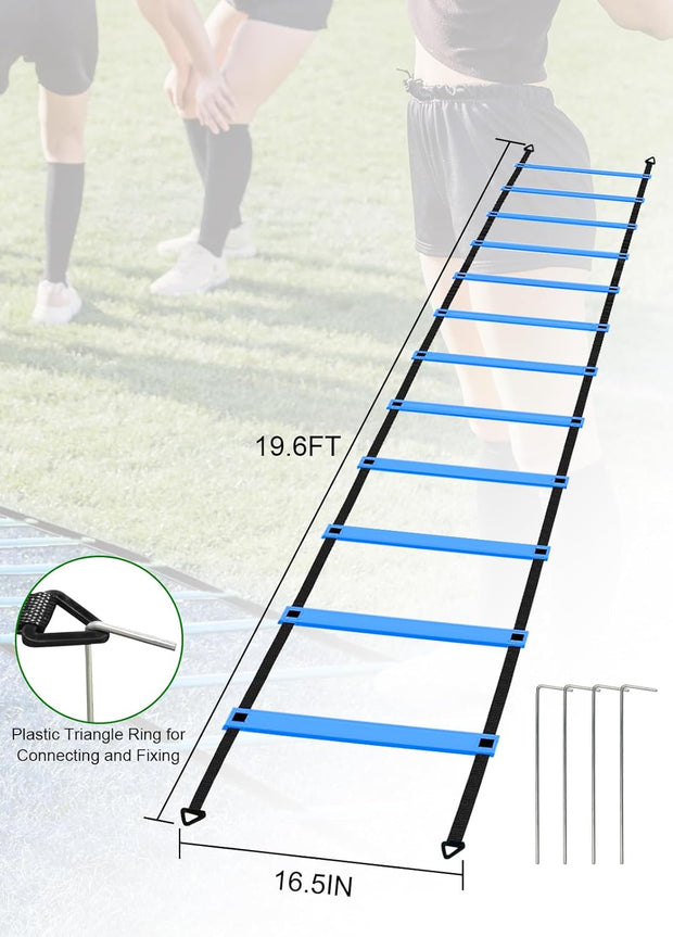 Speed Agility Training Equipment Set - 20ft Agility Ladder, 10 Disc Cones, Resistance Parachute, 5 Resistance Bands & Carry Bag | Football Soccer Basketball Fitness Drills for Kids Adults