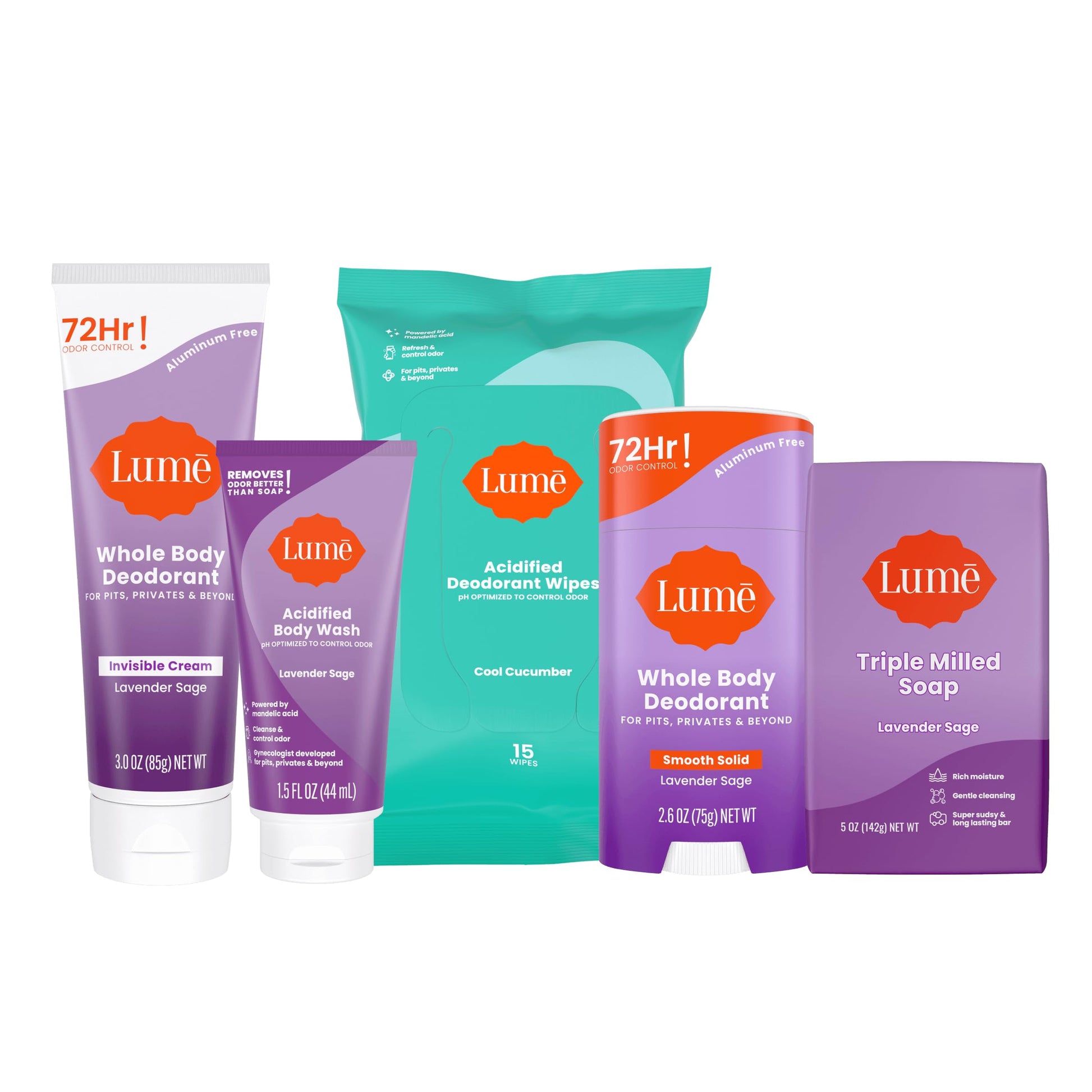 Lume Skin Care Gift Set for Women, Whole Body Deodorant Starter Pack -Smooth Solid Stick, Invisible Cream Tube, Acidified Body Wash Mini & Deodorant Wipes -Aluminum Free Odor Control (Toasted Coconut)
