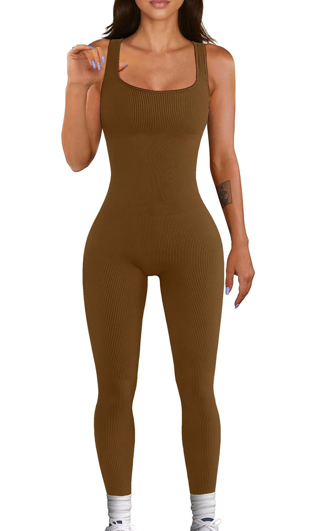 Women Workout Seamless Jumpsuit Yoga Ribbed Bodycon One Piece Tank Top Leggings Romper