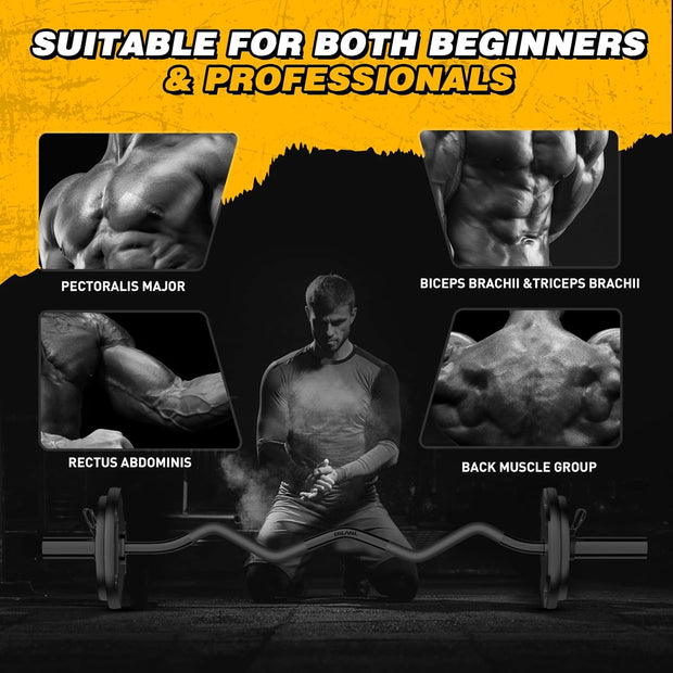 Olympic EZ Curl Barbell Bar, 47" Curl Bar for Weight Lifting, Home Gym Weight Bar- Strength Training,Squat,Hip Thrusts,Biceps, Chrome Curling for 2 Inch Plates -2 Spring Collars (Silver)