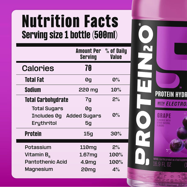 Protein2o Hydration Drink - 2-in-1 Liquid Clear Whey Protein Isolate and Electrolyte Drink - 15g Protein, Vitamins B5, B6 - Post-Workout Recovery - 16.9 Fl Oz - 12 Count Grape