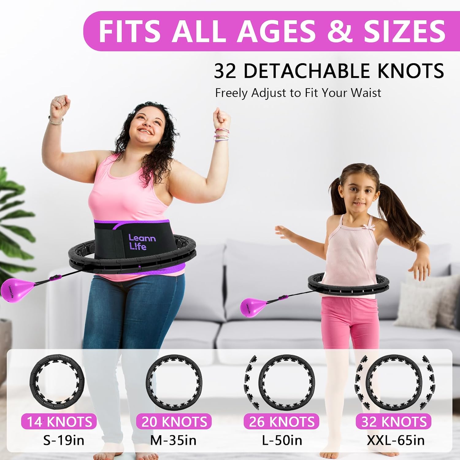 U2 Black-32 Knots 19”- 65”, Detachable & Size Adjustable Weighted Hula Hoop for Kids Adults Weight Loss, Infinity Hoop Plus Size, Abdominal Toner,5 Color Balls, Free Waist Trimmer&Wash Bag