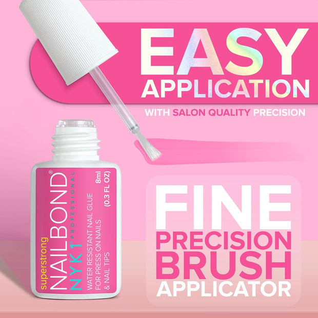 Super Strong Nail Glue for Press On Nails, Nail Tips & Acrylic Nails (8ml) NYK1 NailBond Brush On Glue for Press Ons, Tips & Acrylics - Long Lasting, Maximum Strength, Mess-Free Application