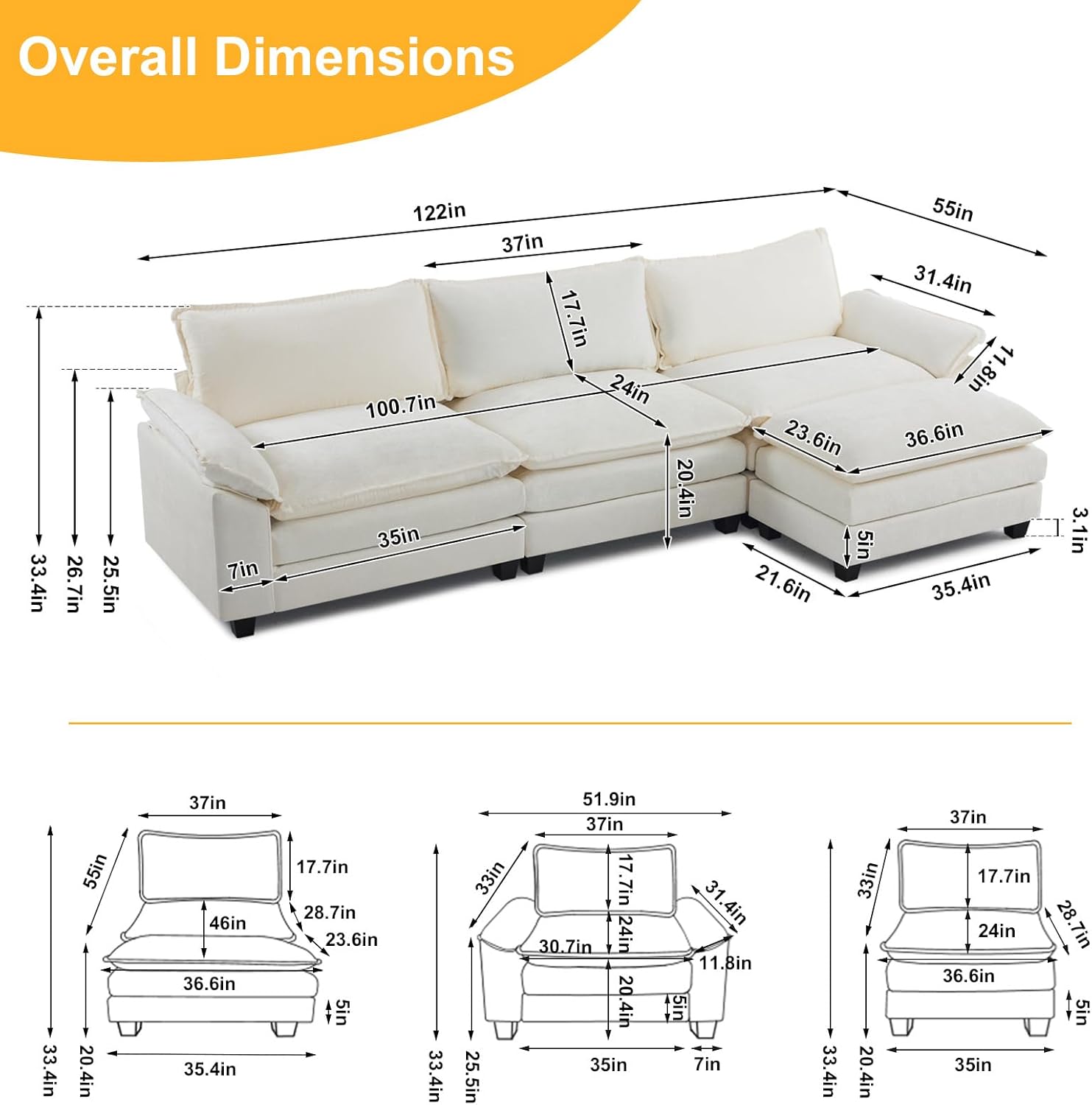 Karl home Sectional Sofa Modular Deep Seat Sofa Couch with Ottoman, Chenille Sofa Sleeper Comfy Upholstered Furniture for Living Room, Apartment, Studio, Office, (3-Seat & 1-Ottoman, Beige)