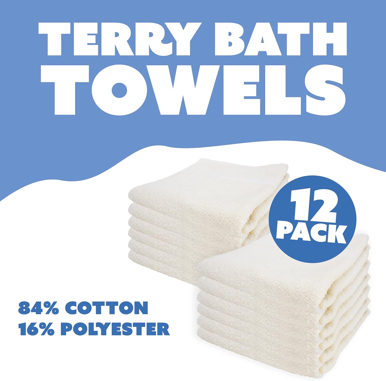 12 Piece White Cotton Polyester Blend Terry Towels, 20in x 40in, Multi-Purpose, for Hotel, Commercial, & Home Use, Soft, Lightweight, Absorbent, & Fast Drying Bath Towels for Pool, Gym, or Spa