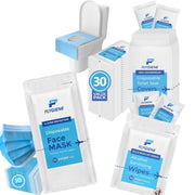 Travel Hygiene Bundle - Travel Size Individually Wrapped Essential - Convenient Clean Kit (10 Alcohol Wipes + 10 Waterproof Disposable Toilet Seat Covers + 10 Navy Blue Protective Face Masks)