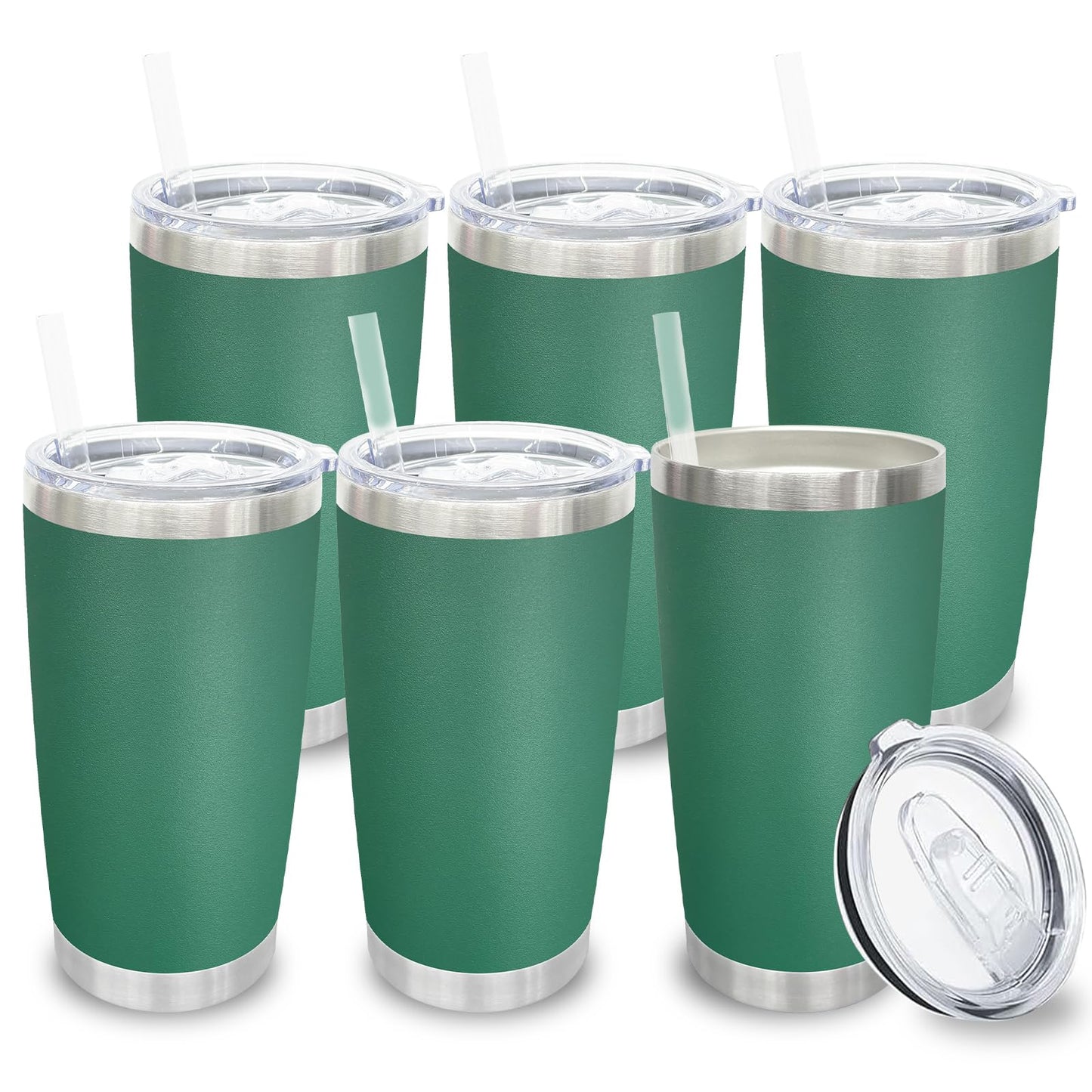 20 oz Tumblers Bulk, Stainless Steel Tumbler with Lid and Straw, Vacuum Double Wall Insulated Travel Coffee Mug with Sliding Lid, Powder Coated Cup for Hot and Cold Drinks (Stainless,6 pack)