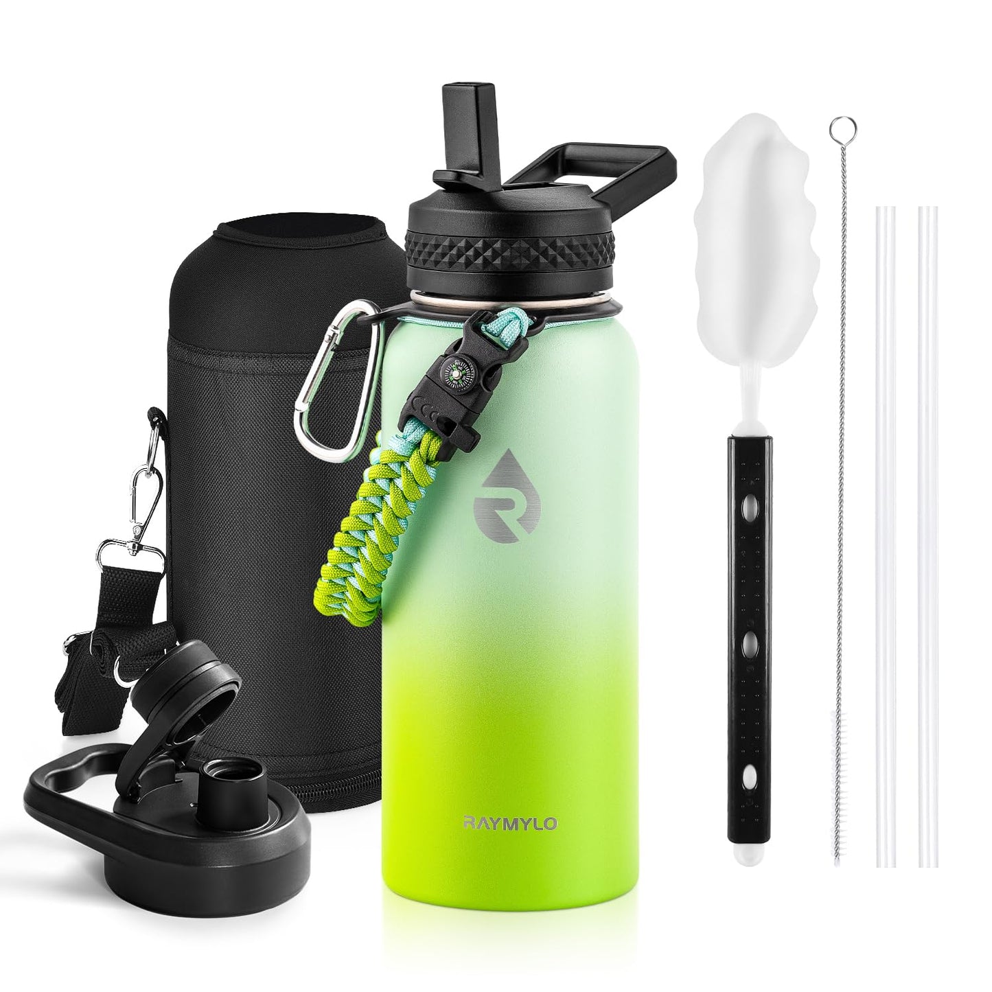 Insulated Water Bottle 64 oz, Triple Wall Vacuum Stainless Steel (Cold for 48 Hrs), Leak Proof & Non-BPA, Half Gallon Water Flask Jug with Paracord Handle & Straw Spout Lids, Magic Black