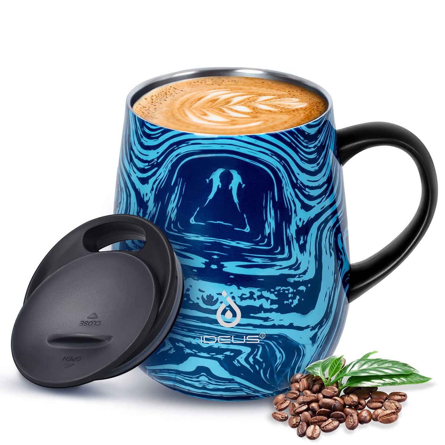 Ideus 16 oz Insulated Coffee Mug with Handle and Lid, Double Wall Stainless Steel Vacuum Thermal Coffee Mug, Travel Coffee Cup Thermal Cup for Home and Office, Storm Black