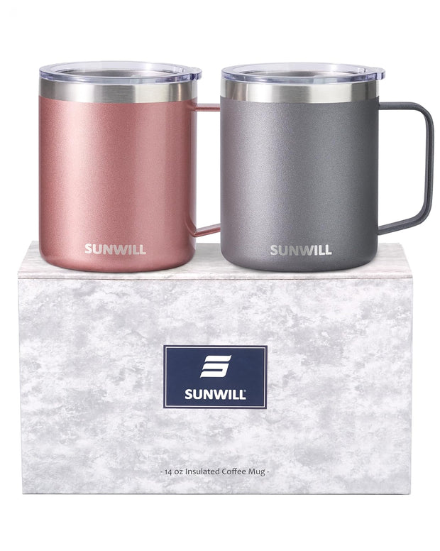 SUNWILL Travel Coffee Mug with Lid, Insulated Tumbler with Handle, 14 oz Stainless Steel Cup for Ice, Water, Tea, Rose Gold