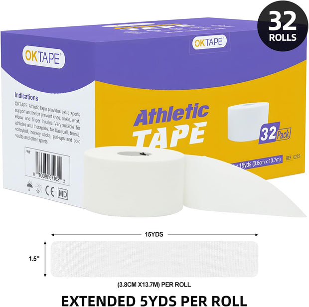 OK TAPE Athletic Sports Tape（32-Rolls - 45ft Per Roll Very Strong Tape for Athlete & Sport Trainers & First Aid Injury Wrap, Perfect for Fingers Ankles Wrist on Bat, Hockey Stick - White