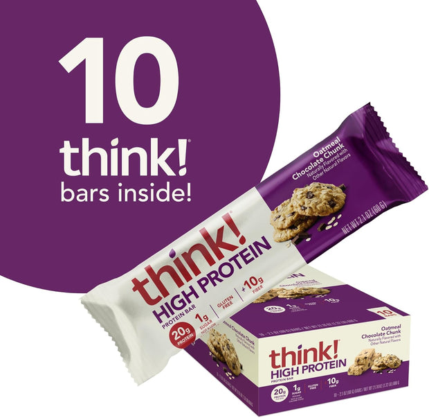 think! Protein Bars, High Protein Snacks, Gluten Free, High Fiber, Oatmeal Chocolate Chunk, 10 Count