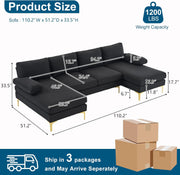 VINGLI 110" Modern U Shaped Sectional Couch with 51"D Double Chaise for Living Room, Black Deep Seat Sectional Sofa Sets with 5.9" Thickness Seating Padding for Home Furniture,Linen Fabric,Metal Legs