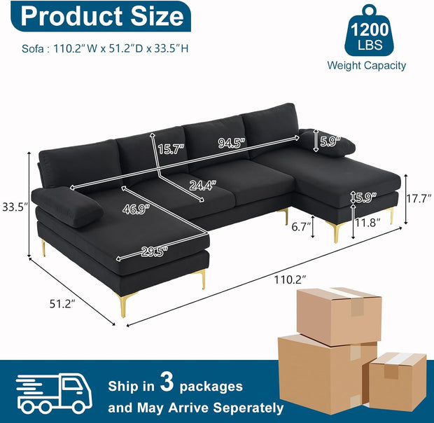 VINGLI 110" Modern U Shaped Sectional Couch with 51"D Double Chaise for Living Room, Black Deep Seat Sectional Sofa Sets with 5.9" Thickness Seating Padding for Home Furniture,Linen Fabric,Metal Legs